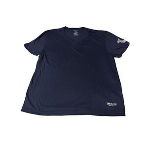 True Religion V-Neck Tee Mens Large Navy Blue Excellent Metallic Sleeve Logo